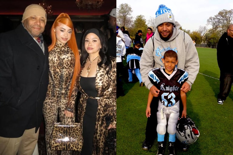 On the left is a photo of Joseph Gaston with Ice Spice and his ex-wife, and on the right is a photo of Joseph Gaston with Joey Gaston when he was a child